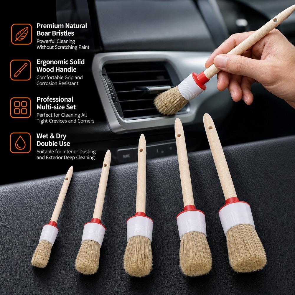 Car Detailing Brush Set Boar Hair Interior - 5-częściowy zestaw szczotek do czyszczenia samochodu,