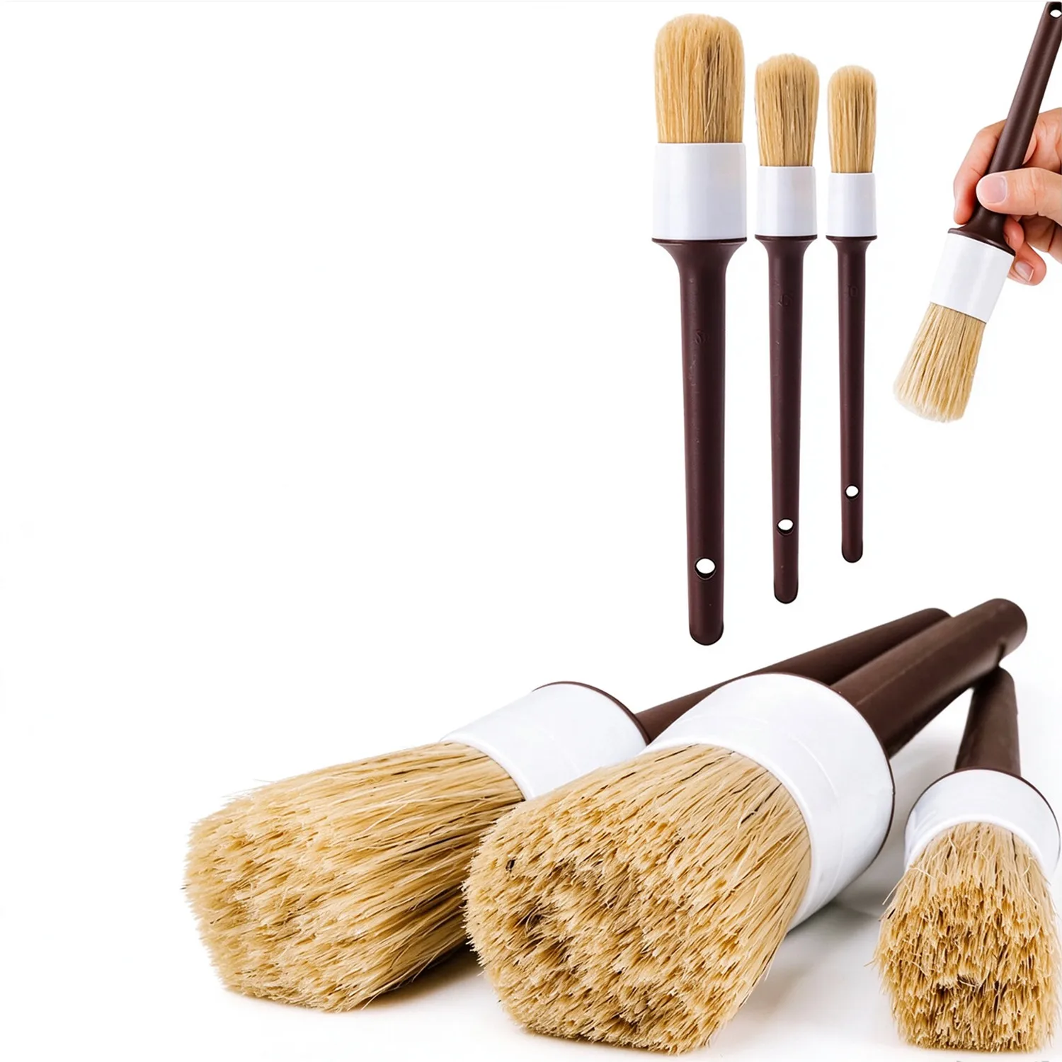 Car Detailing Brush Set Boar Hair Interior - Zestaw szczotek do detailingu samochodu, 3